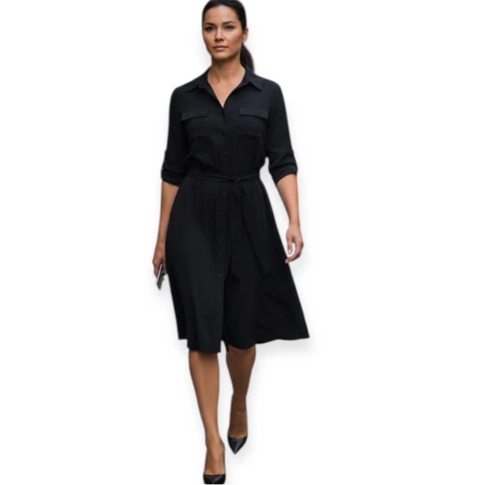 Laundry By Shelli Segal Elegant Black 3/4 Sleeve Button Down Belted Dress Size 6